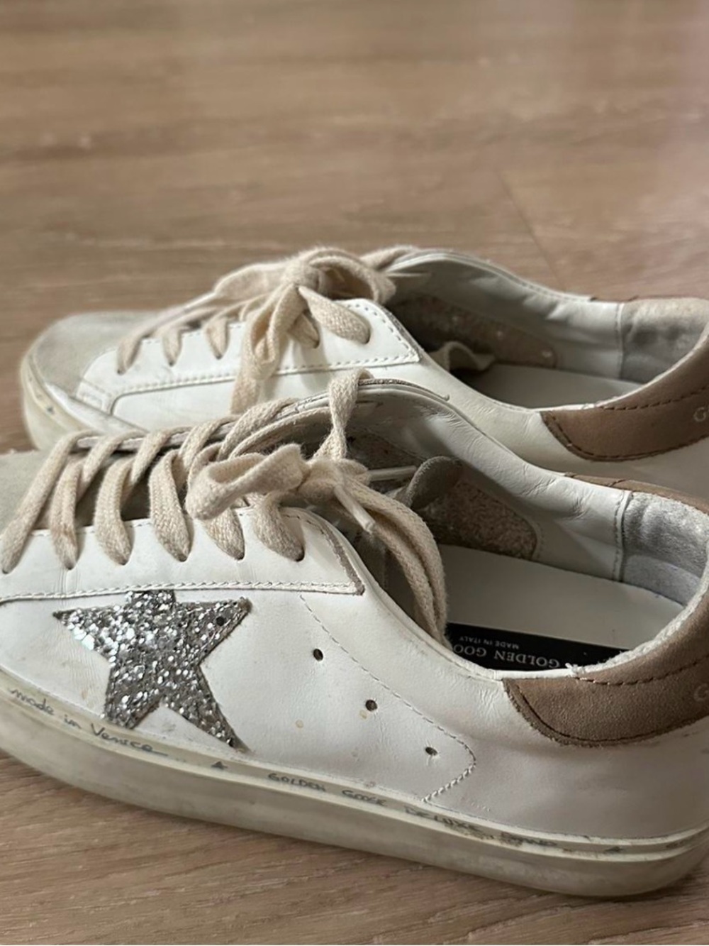 Golden Goose White Leather Sneakers with Silver Glitter Star and Beige Accents